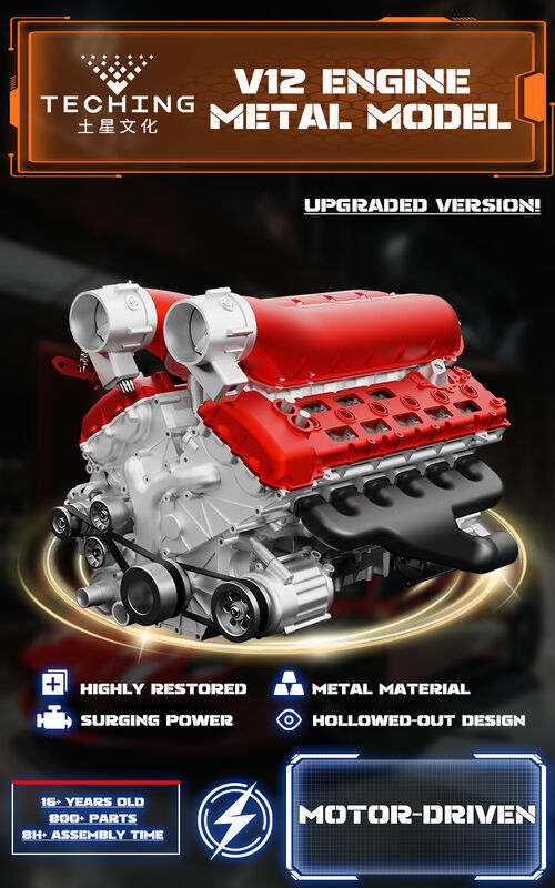 V12 Twaalfcilinder motor model, geheel metalen geassembleerd en geassembleerd, kan start mini motor speelgoed